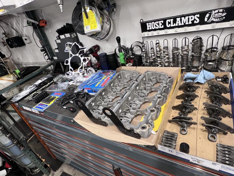 Rebuild parts on the bench under the hose clamp rack