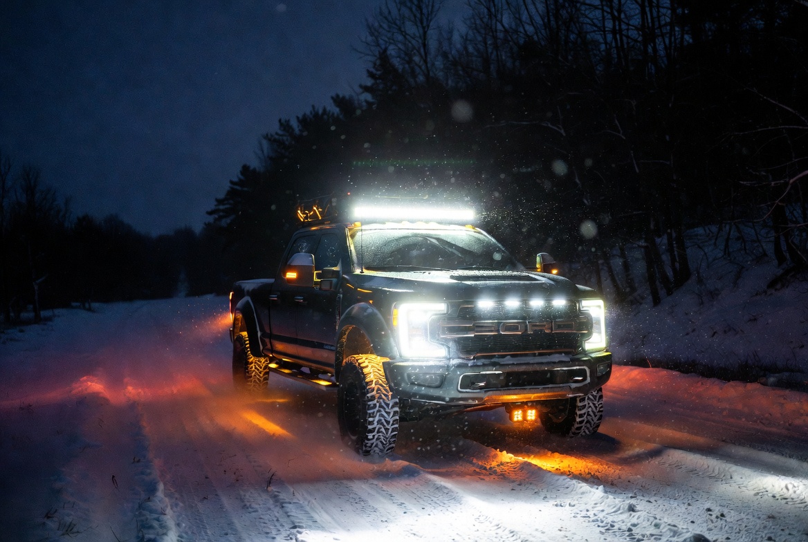Create a dramatic, high-quality cinematic cover image for a blog article titled 'Baja Designs Lights + Diesel Trucks: Upgrade Your Off-Road Game in Wisconsin Winters'. Show a powerful modern heavy-duty diesel truck (Ford F-350 PowerStroke or Ram 2500 Cummins style) parked on a snowy rural backroad in Wisconsin at night during a heavy snowstorm. The truck has a large Baja Designs OnX6+ 40-inch LED light bar mounted on the roof or bull bar, brightly illuminating the road ahead with intense, crisp white 5000K beams cutting through swirling snow and fog. Add amber Baja Designs Squadron or LP4 pod lights in the ditch light positions glowing warmly. The scene should feel powerful, professional, and adventurous — dramatic high contrast, falling snowflakes catching the light, dark winter forest background, subtle tire tracks in the snow. Make the lighting heroic and bright where the Baja beams hit, with realistic reflections on the truck's chrome and paint. Baja Designs Lights + Diesel Trucks: Upgrade Your Off-Road Game in Wisconsin Winters