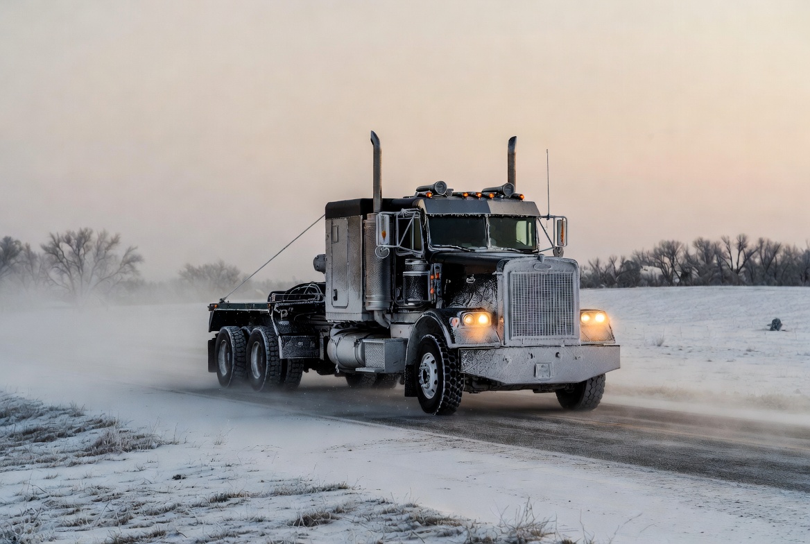 A rugged heavy duty rig driving in the snow highlighting diesel truck maintenance Wisconsin