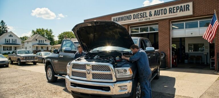 Expert diesel transmission repair Hammond WI mechanics inspecting a heavy-duty truck.
